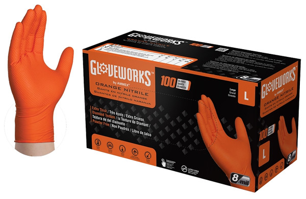 GLOVEWORKS GWON46100 Heavy-Duty Disposable Gloves, L, Nitrile, Powder-Free, Orange, 9-1/2 in L [SKU: ORG0021519]