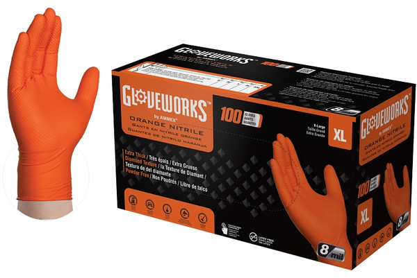 GLOVEWORKS GWON48100 Heavy-Duty Disposable Gloves, XL, Nitrile, Powder-Free, Orange, 9-1/2 in L [SKU: ORG0021527]