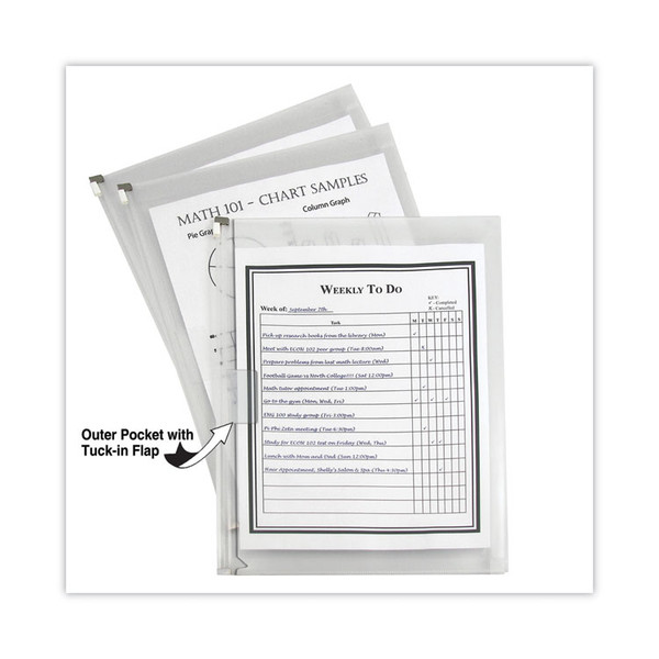 Zip 'N Go Reusable Envelope with Outer Pocket, 1" Capacity, 2 Sections, 10 x 13, Clear, 3/Pack [SKU: CLI48117]