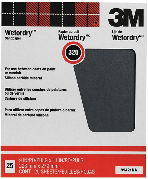 3M Wetordry 99421NA Sandpaper, 11 in L, 9 in W, Extra Fine, 320 Grit, Silicon Carbide Abrasive, Paper Backing [SKU: ORG6086607]