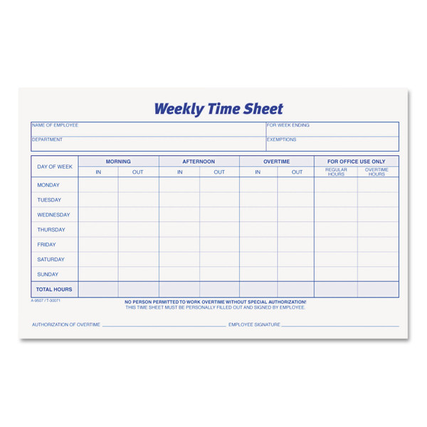 Weekly Time Sheets, One-Part (No Copies), 8.5 X 5.5, 50 Forms/Pad, 2 Pads/Pack [SKU: TOP30071]