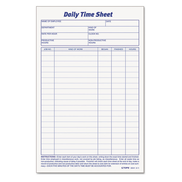 Daily Time And Job Sheets, One-Part (No Copies), 8.5 X 5.5, 200 Forms/Pad, 2 Pads/Pack [SKU: TOP30041]