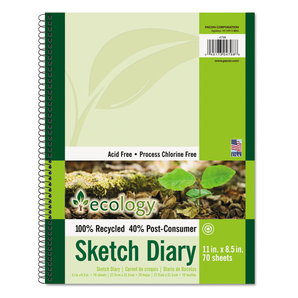 Ecology Sketch Diary, 60 Lb Text Paper Stock, Green Cover, (70) 11 X 8.5 Sheets [SKU: PAC4798]