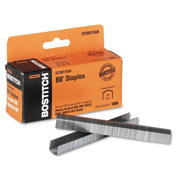 B8 Powercrown Premium Staples, 0.38" Leg, 0.5" Crown, Steel, 5,000/Box [SKU: BOSSTCR211538]