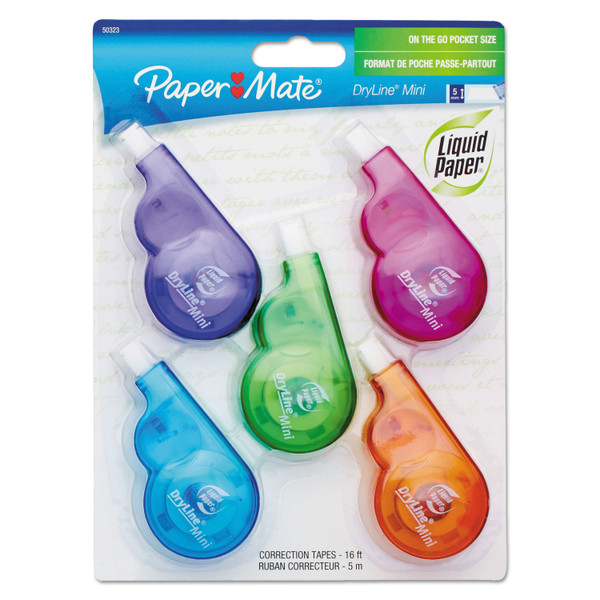 Dryline Mini Correction Tape, 0.2" X 197", Non-Refillable, Assorted Color Applicators, 5/Pack [SKU: PAP5032315]