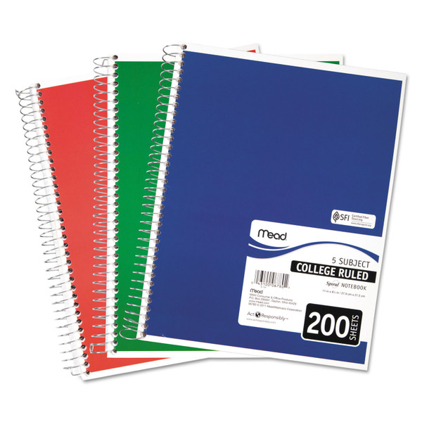 Spiral Notebook, 5-Subject, Medium/College Rule, Randomly Assorted Cover Color, (200) 11 X 8 Sheets [SKU: MEA06780]