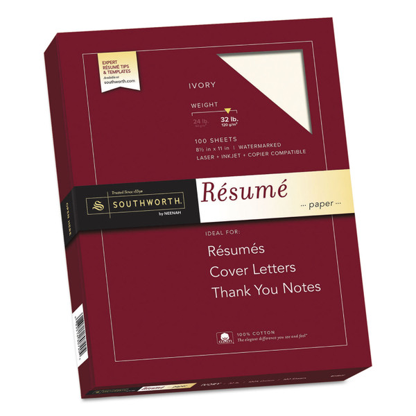 100% Cotton Resume Paper, 32 Lb Bond Weight, 8.5 X 11, Ivory, 100/Pack [SKU: SOURD18ICF]
