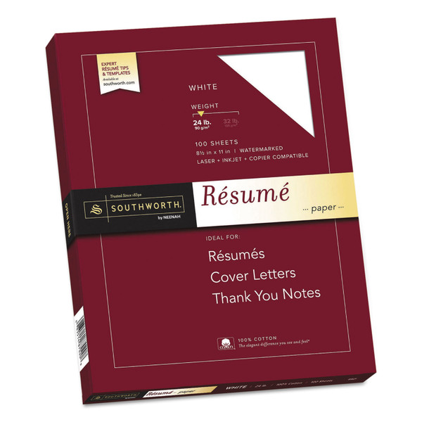 100% Cotton Resume Paper, 95 Bright, 24 Lb Bond Weight, 8.5 X 11, White, 100/Pack [SKU: SOUR14CF]