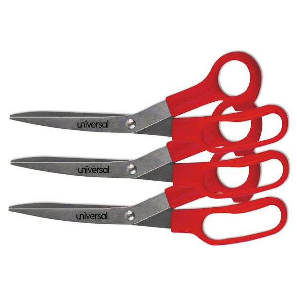 General Purpose Stainless Steel Scissors, 7.75" Long, 3" Cut Length, Red Offset Handles, 3/Pack [SKU: UNV92019]