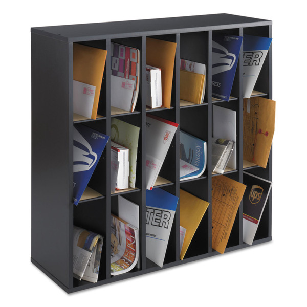Wood Mail Sorter With Adjustable Dividers, Stackable, 18 Compartments, 33.75 X 12 X 32.75, Black [SKU: SAF7765BL]