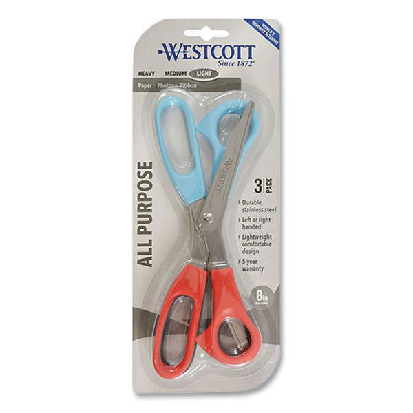 All Purpose Value Stainless Steel Scissors Three Pack, 8" Long, 3" Cut Length, Assorted Color Offset Handles, 3/Pack [SKU: WTC13023]
