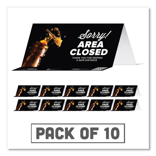 Besafe Messaging Table Top Tent Card, 8 X 3.87, Sorry! Area Closed Thank You For Keeping A Safe Distance, Black, 10/Pack [SKU: TAB79086]