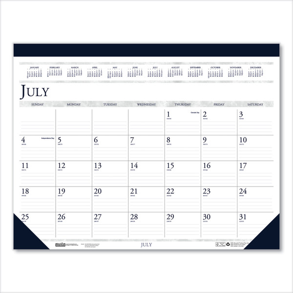 Recycled Academic Desk Pad Calendar, 22 x 17, White/Blue Sheets, Blue Binding/Corners, 14-Month (July to Aug): 2023 to 2024 [SKU: HOD155HD]