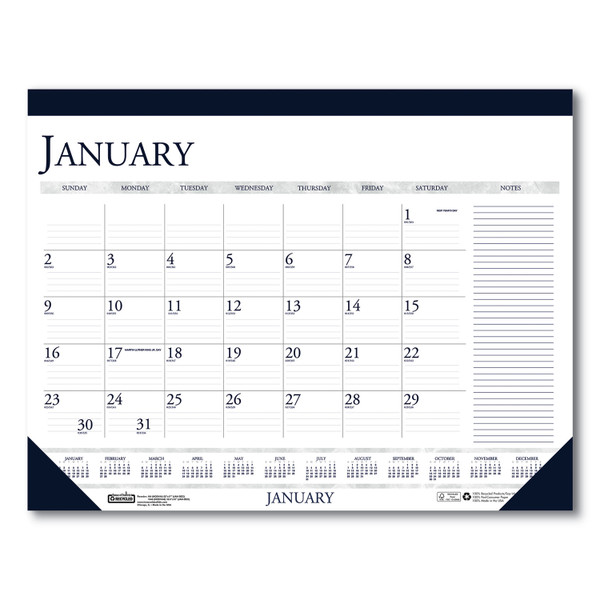 Recycled Two-Color Monthly Desk Pad Calendar with Notes Section, 22 x 17, Blue Binding/Corners, 12-Month (Jan-Dec): 2024 [SKU: HOD164]