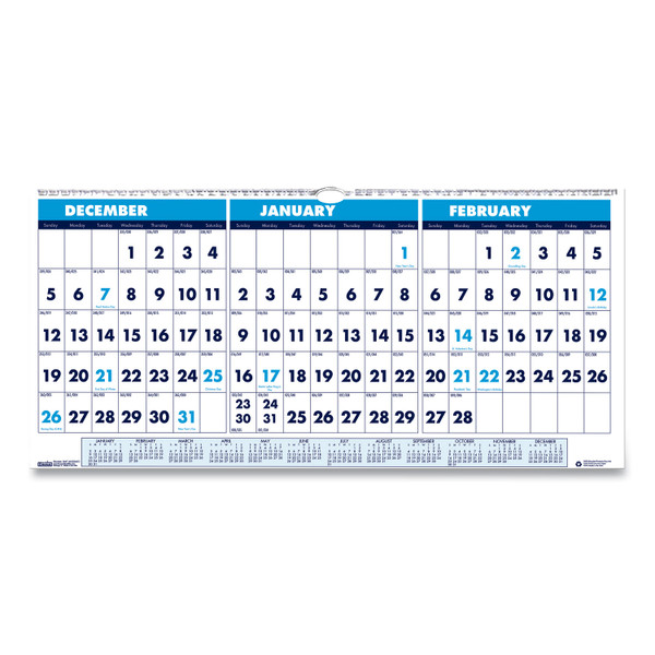 Recycled Three-Month Format Wall Calendar, Horizontal Orientation, 23.5 x 12, White Sheets, 14-Month (Dec-Jan): 2023-2025 [SKU: HOD3648]