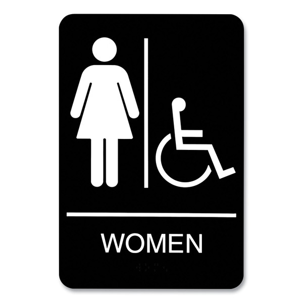 Ada Sign, Women/Wheelchair Accessible Tactile Symbol, Plastic, 6 X 9, Black/White [SKU: USS9005]