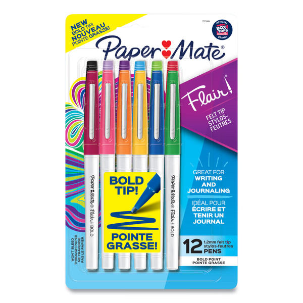 Flair Felt Tip Porous Point Pen, Stick, Bold 1.2 Mm, Assorted Ink Colors, White Pearl Barrel, 12/Pack [SKU: PAP2125414]