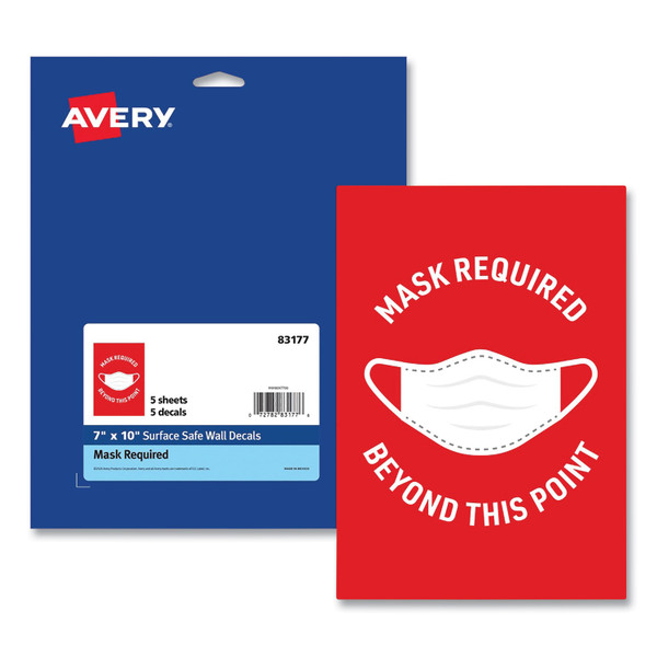 Preprinted Surface Safe Wall Decals, 7 X 10, Mask Required Beyond This Point, Red Face, White Graphics, 5/Pack [SKU: AVE83177]