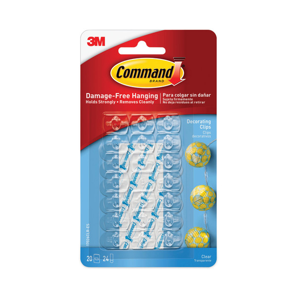 Clear Hooks And Strips, Decorating Clips, Plastic, 0.1 Lb Capacity, 20 Clips And 24 Strips/Pack [SKU: MMM17026CLRES]