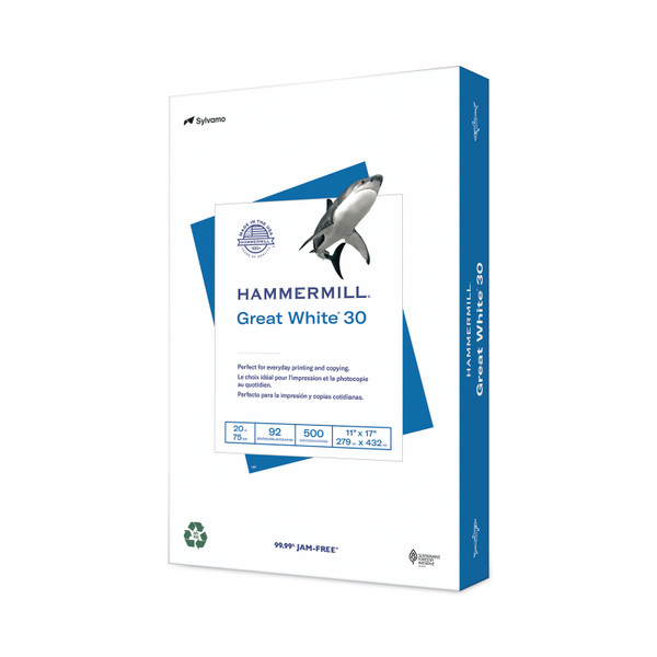 Great White 30 Recycled Print Paper, 92 Bright, 20 Lb Bond Weight, 11 X 17, White, 500/Ream [SKU: HAM86750]
