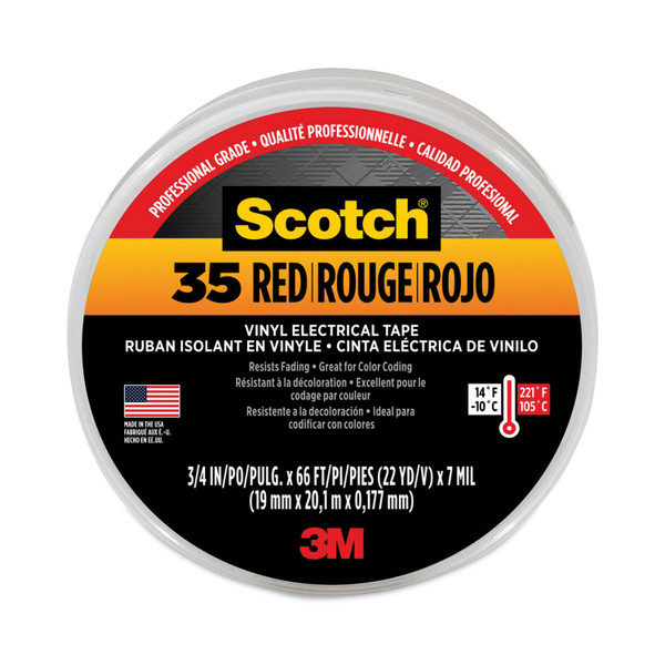Scotch 35 Vinyl Electrical Color Coding Tape, 3" Core, 0.75" X 66 Ft, Red [SKU: MMM10810]