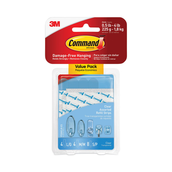 Assorted Refill Strips, Removable, (8) Small 0.75 X 1.75, (4) Medium 0.75 X 2.75, (4) Large 0.75 X 3.75, Clear, 16/Pack [SKU: MMM17200CLRES]