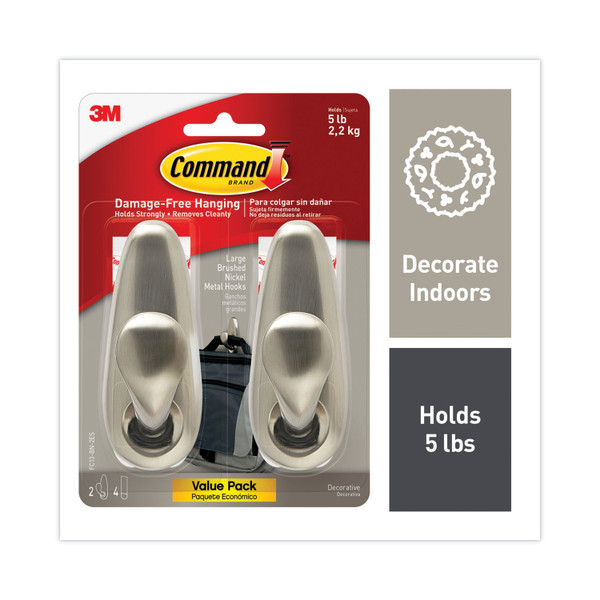 Adhesive Mount Metal Hook, Large, Brushed Nickel Finish, 5 Lb Capacity, 2 Hooks And 4 Strips/Pack [SKU: MMMFC13BN2ES]