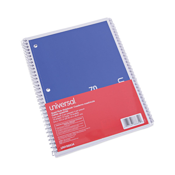 Wirebound Notebook, 1-Subject, Quadrille Rule (4 Sq/In), Assorted Cover Colors, (70) 10.5 X 8 Sheets, 4/Pack [SKU: UNV66634]