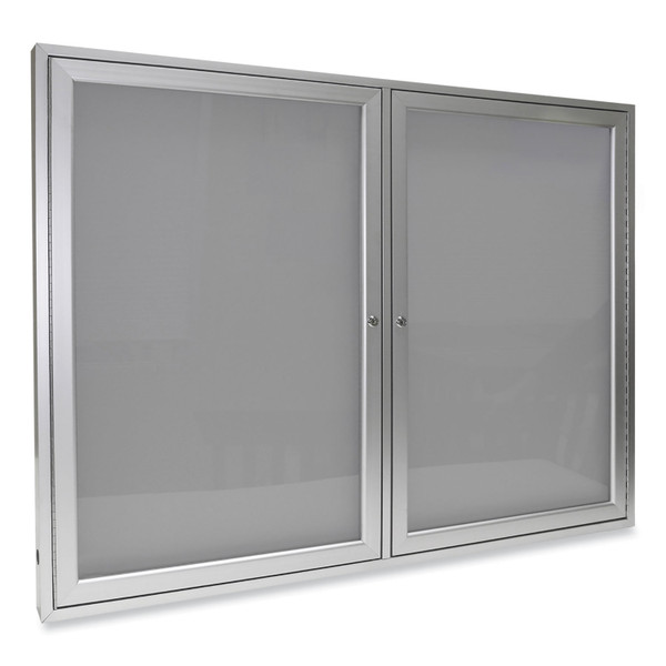 2 Door Enclosed Vinyl Bulletin Board With Satin Aluminum Frame, 48 X 36, Silver Surface, Ships In 7-10 Business Days [SKU: GHEPA23648VX193]
