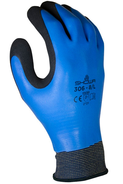SHOWA 306XL-09.RT Gloves, XL, Elastic Cuff, Latex Coating, Black/Blue [SKU: ORG1047075]