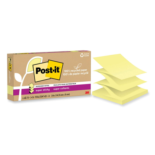 100% Recycled Paper Super Sticky Notes, 3" X 3", Canary Yellow, 70 Sheets/Pad, 6 Pads/Pack [SKU: MMMR330R6SSCY]