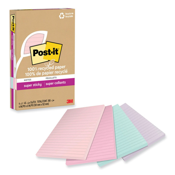 100% Recycled Paper Super Sticky Notes, Ruled, 4" X 6", Wanderlust Pastels, 45 Sheets/Pad, 4 Pads/Pack [SKU: MMM4621R4SSNRP]
