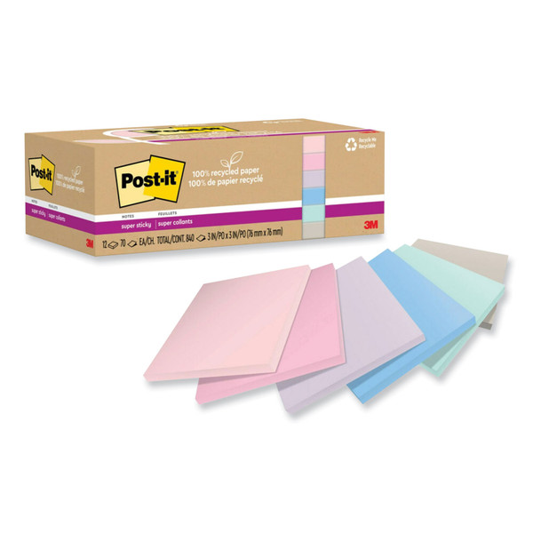 100% Recycled Paper Super Sticky Notes, 3" X 3", Wanderlust Pastels, 70 Sheets/Pad, 12 Pads/Pack [SKU: MMM654R12SSNRP]