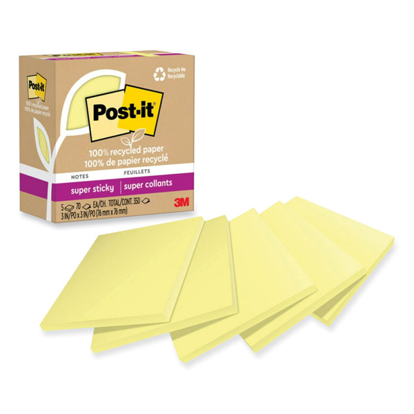 100% Recycled Paper Super Sticky Notes, 3" X 3", Canary Yellow, 70 Sheets/Pad, 5 Pads/Pack [SKU: MMM654R5SSCY]
