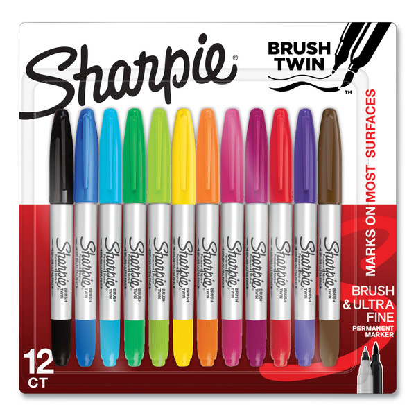 Brush Tip Permanent Marker, Twin Tip, Ultra-Fine Needle/Broad Brush Tips, Assorted Colors, 12/Pack [SKU: SAN2168237]