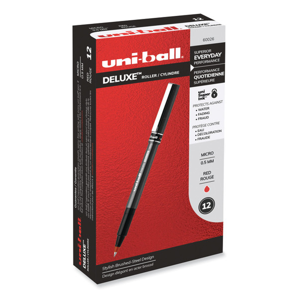 Deluxe Roller Ball Pen, Stick, Extra-Fine 0.5 Mm, Red Ink, Metallic Gray/Black/Red Barrel, Dozen [SKU: UBC60026]