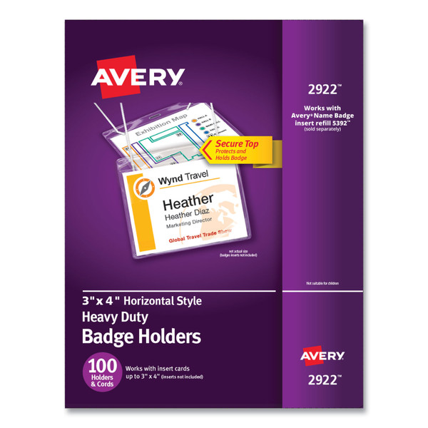 Secure Top Hanging-Style Badge Holders, Horizontal, 4W X 3H, Clear, 100/Box [SKU: AVE2922]