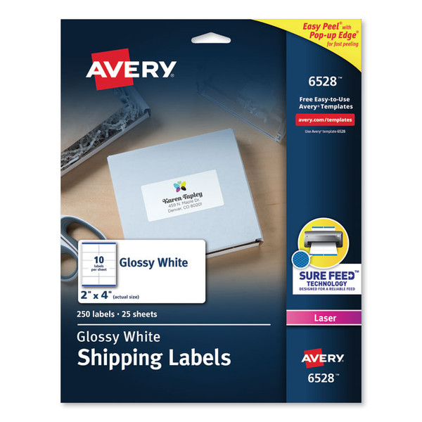 Glossy White Easy Peel Mailing Labels w/ Sure Feed Technology, Laser Printers, 2 x 4, White, 10/Sheet, 25 Sheets/Pack [SKU: AVE6528]