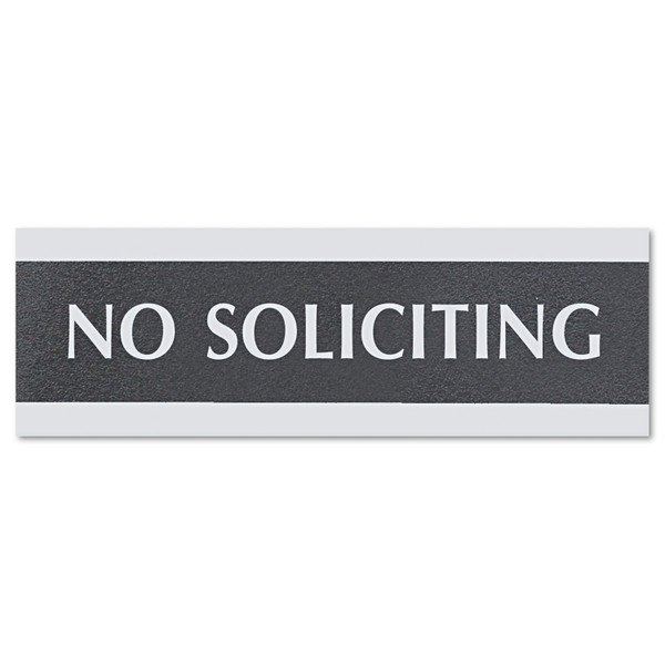 Century Series Office Sign, No Soliciting, 9 X 3, Black/Silver [SKU: USS4758]