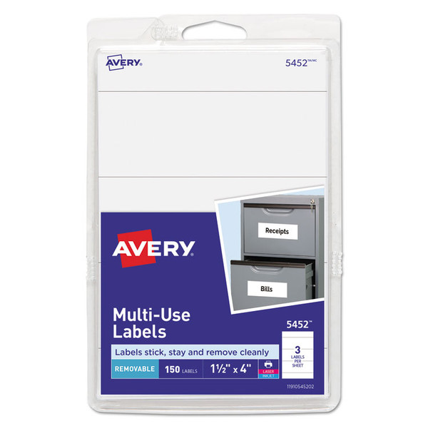 Removable Multi-Use Labels, Inkjet/Laser Printers, 1.5 X 4, White, 3/Sheet, 50 Sheets/Pack, (5452) [SKU: AVE05452]