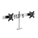 ATDEC AWM-LR-S crossbar mount for dual 27" monitors with ergonomic handle and silver finish.