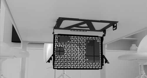 ATDEC Black metal AD-AC-PH-B hinged media storage panel for under desk use in meeting rooms.