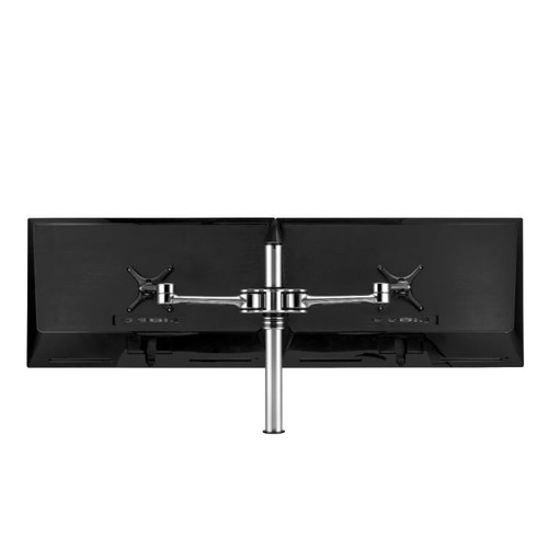ATDEC AF-AT-D-P dual swing arm monitor mount with silver finish, two 27" displays.