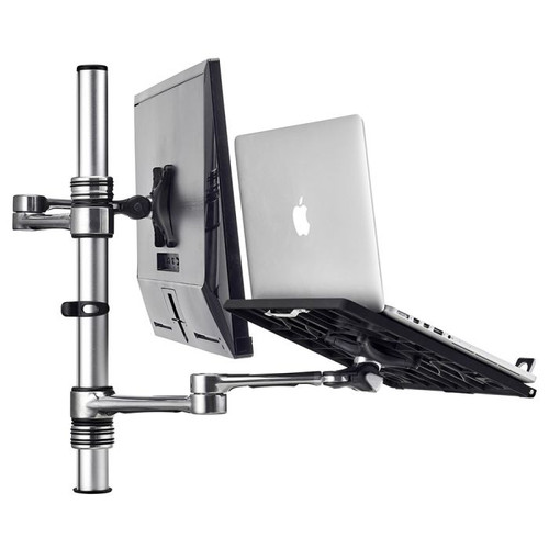 ATDEC AF-AT-NBC-P silver monitor and laptop mount with adjustable swing arms and ergonomic design features "AF-AT-NBC" ergonomic setup solution.