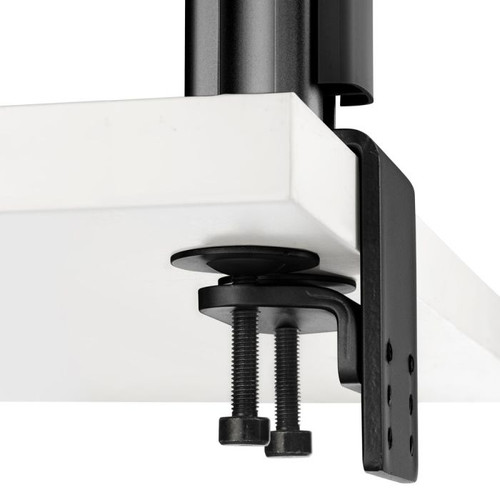 ATDEC Atdec AWM-FH-B desk clamp features adjustable screws, strong metal, and recyclable materials in black. "A WM-FH-B" desk clamp mounting solution.