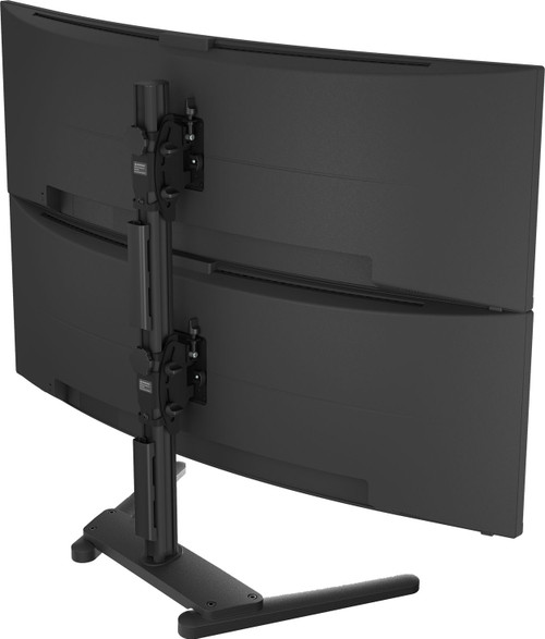 ATDEC AWMS-2-BT75-FS-B freestanding dual monitor mount holding two curved ultrawide black displays vertically stacked.