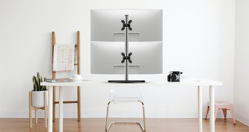 ATDEC Silver VFS-DV dual monitor stand with horizontal and vertical adjustment capabilities, 'VFS-DV'