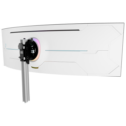 ATDEC AWMS-BT51 silver mount for Samsung 57" ultrawide G95NC monitor with black bracket.