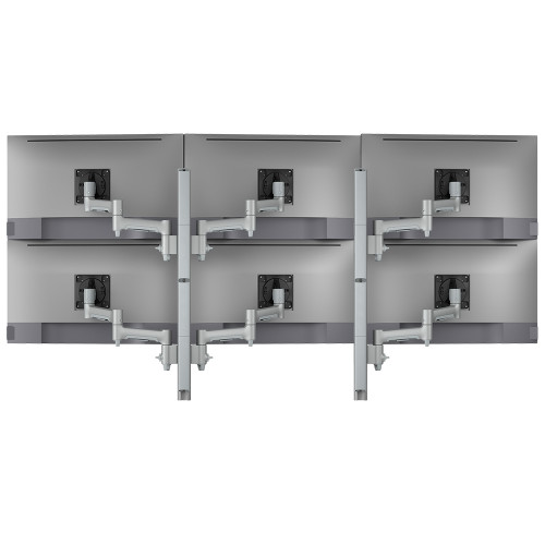 ATDEC AWMS-6-46275 Silver dual post monitor mount with six adjustable monitor arms mounted securely.