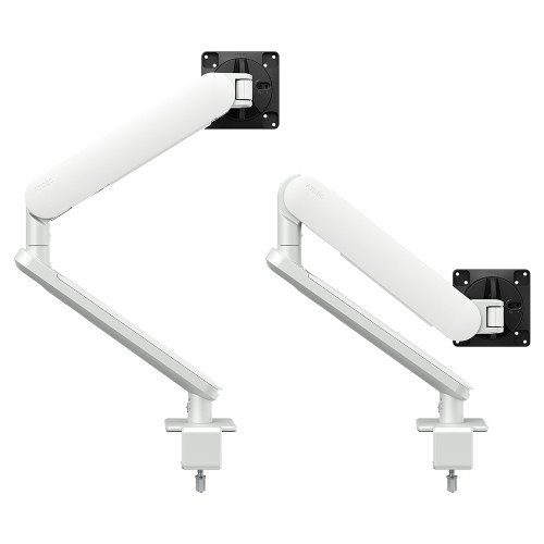 ATDEC Ora-C Duo White monitor arms, two separate white adjustable arms with black wall mounts installed.